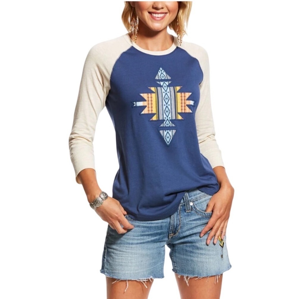 Ariat Womens Aztec Raglan Tee Blue Cream 3/4 Sleeve Western Shirt 10026554 M